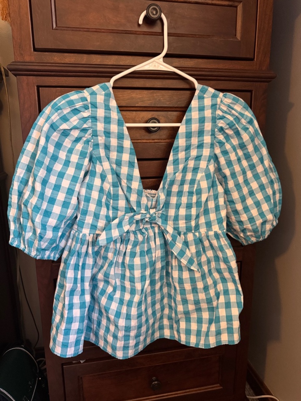 Lilly Pulitzer Aqua & White Gingham Tie-Front Puff Sleeve Top